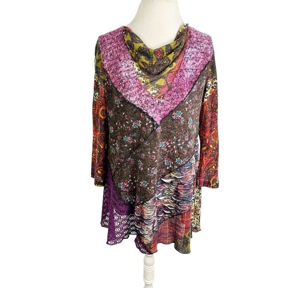 Ali Miles Multi Print & Fabric Tunic Top Art to Wear Layered Sweater Boho Size L - Picture 1 of 10